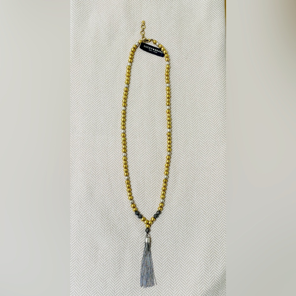 Lucky Brand, long gold and silver beaded necklace with tassel NWT